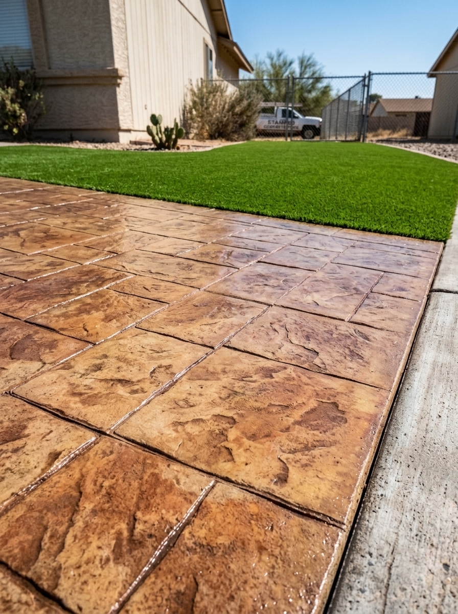 Transformación de patio con concreto estampado en gama de colores por OCVIMAT LLC